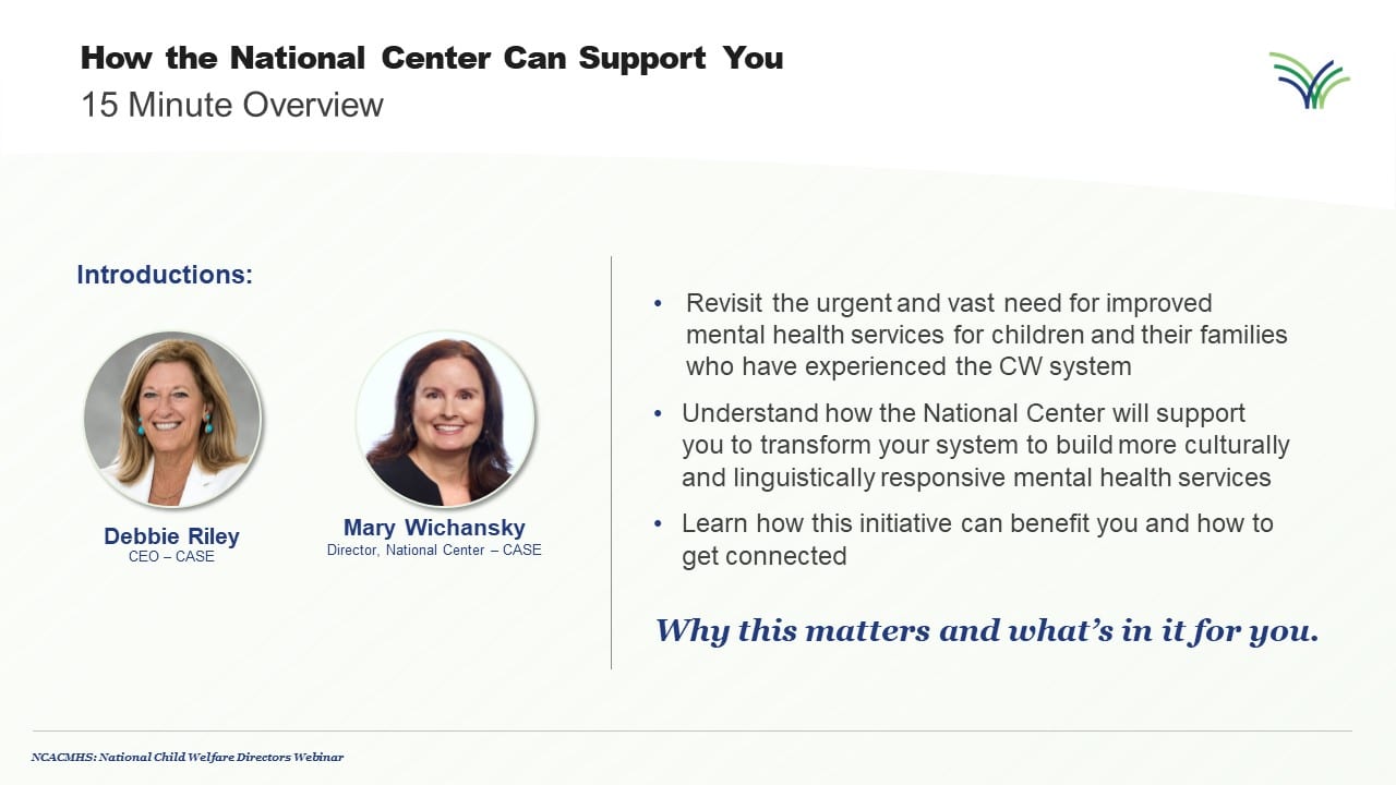 Preview screen of the National Center webinar presented to Child Welfare Directors